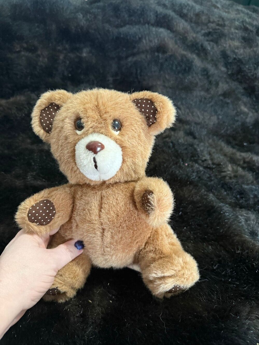 Vintage Teddy Bear Plush Sad Eyes Polka Dot Fabric  Animal Montgomery Ward 1982